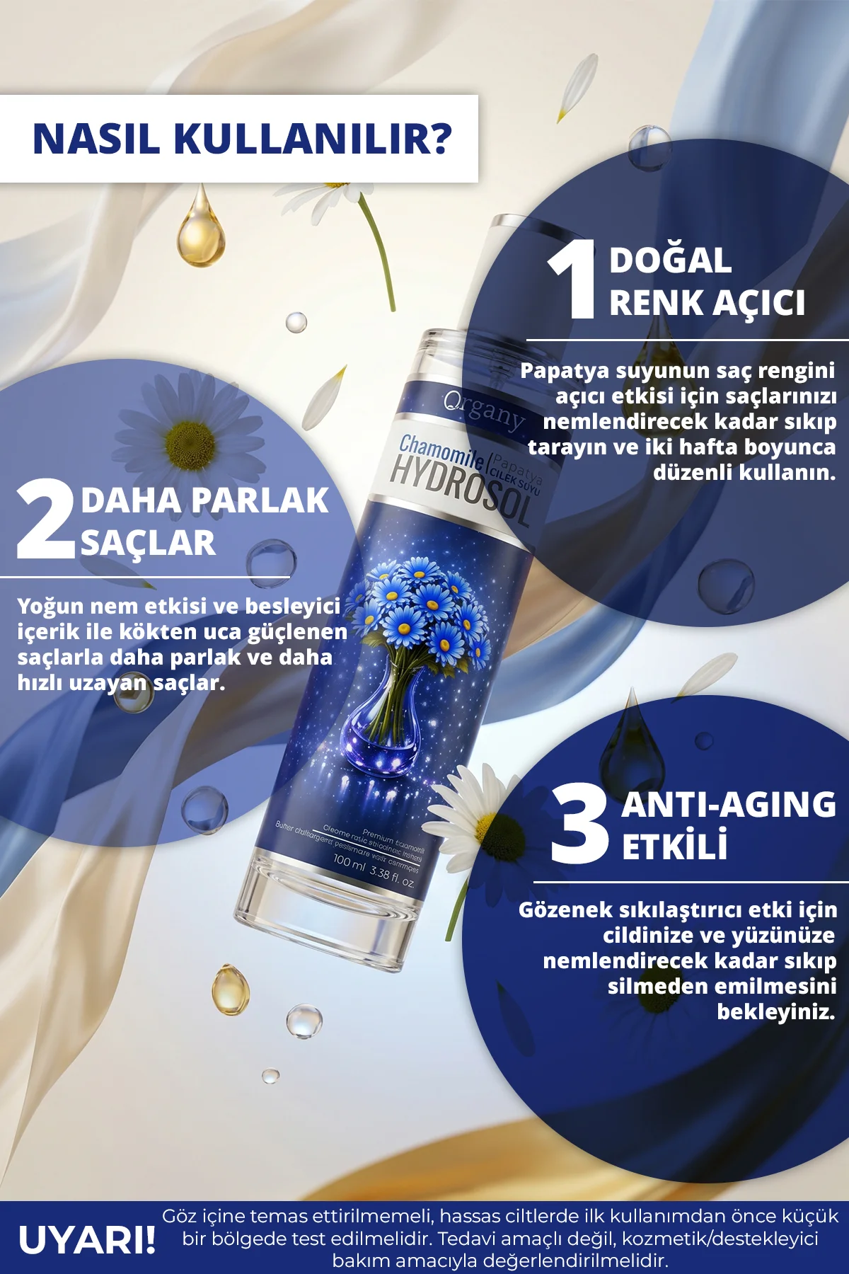 Doğal Saç Rengi Açıcı Papatya suyu %100 Doğal Saç Bakım Toniği Chamomile Hydrosol 100 ml - Görsel 2
