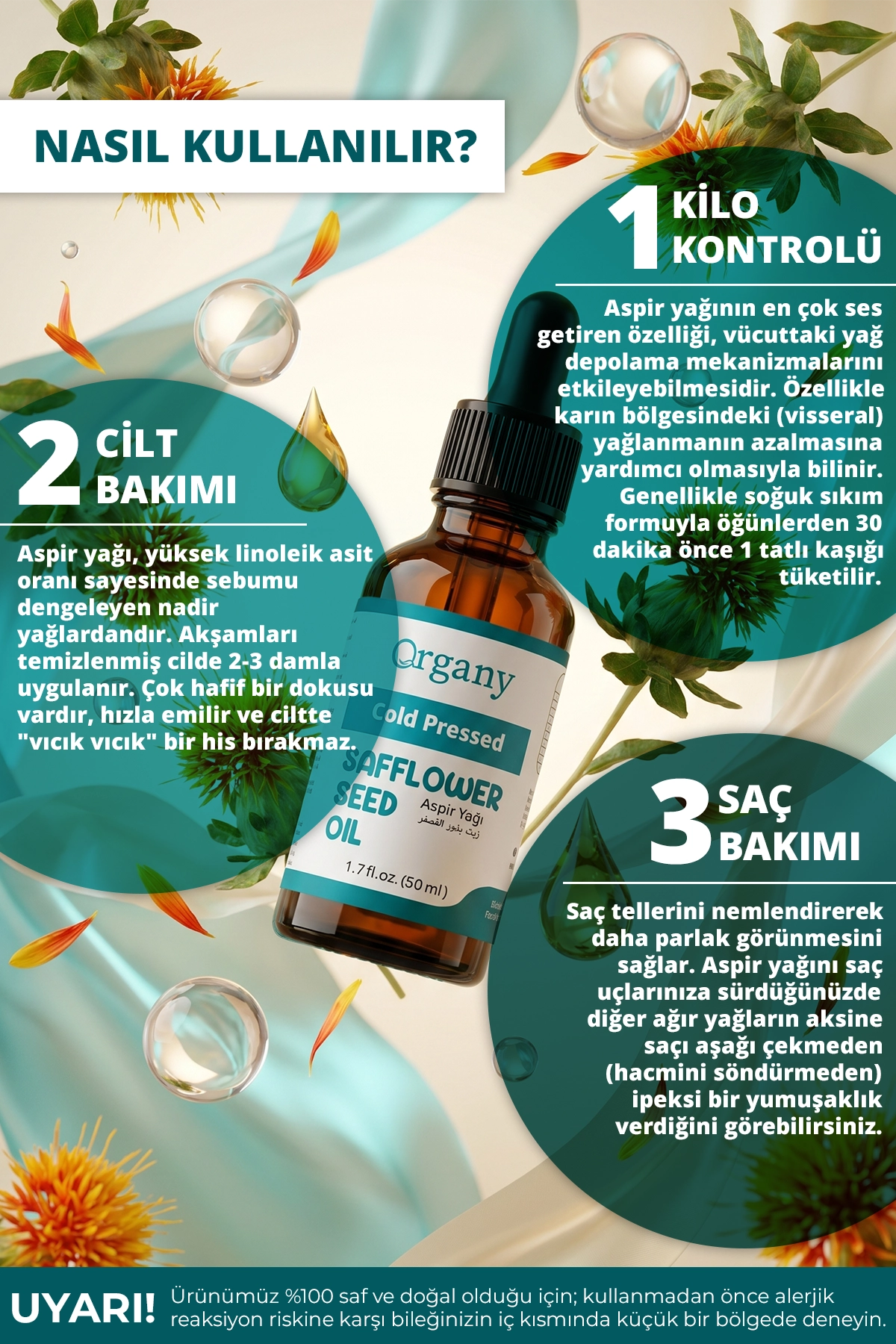 Soğuk Sıkım Aspir Yağı %100 Doğal Nemlendirici Cilt ve Besleyici Saç Bakım Yağı Safflower Oil 50 ml - Görsel 2