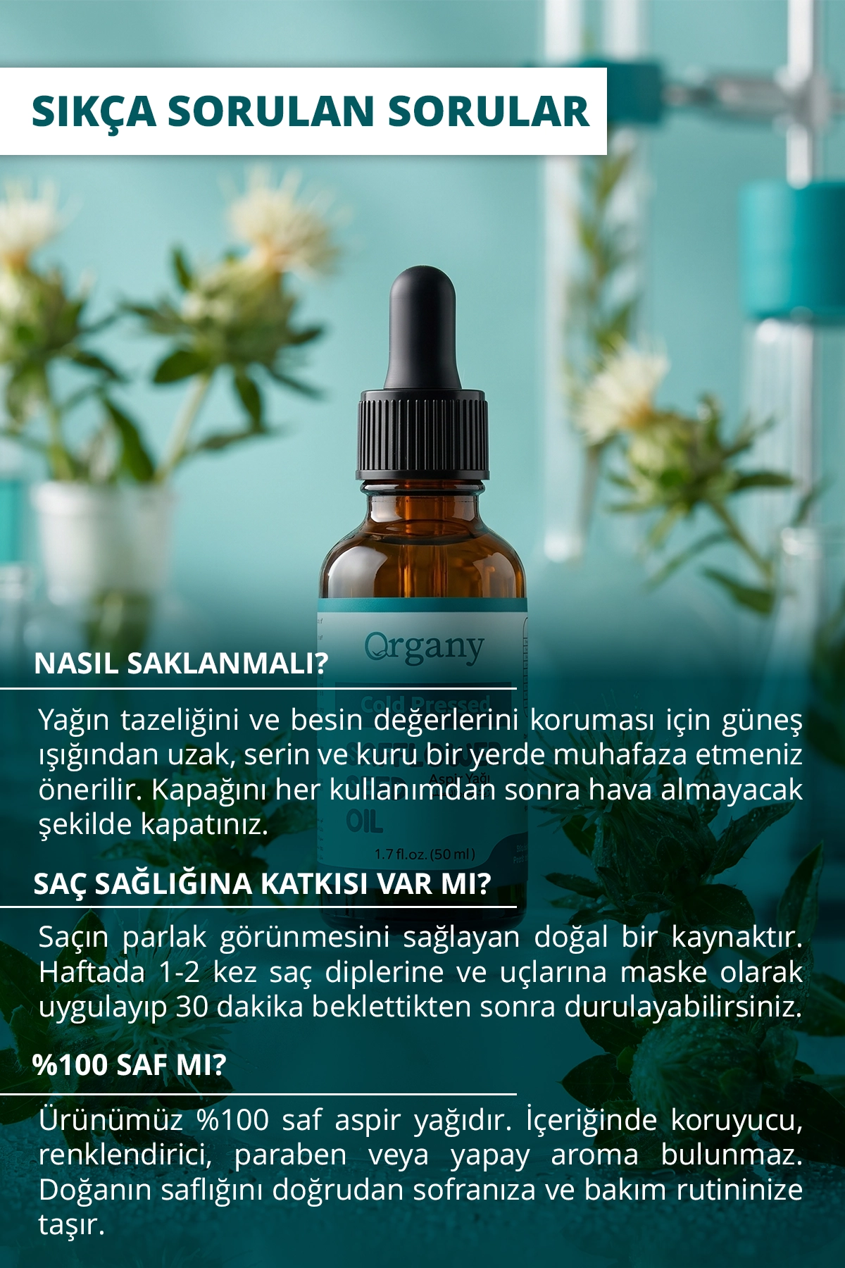 Soğuk Sıkım Aspir Yağı %100 Doğal Nemlendirici Cilt ve Besleyici Saç Bakım Yağı Safflower Oil 50 ml - Görsel 3