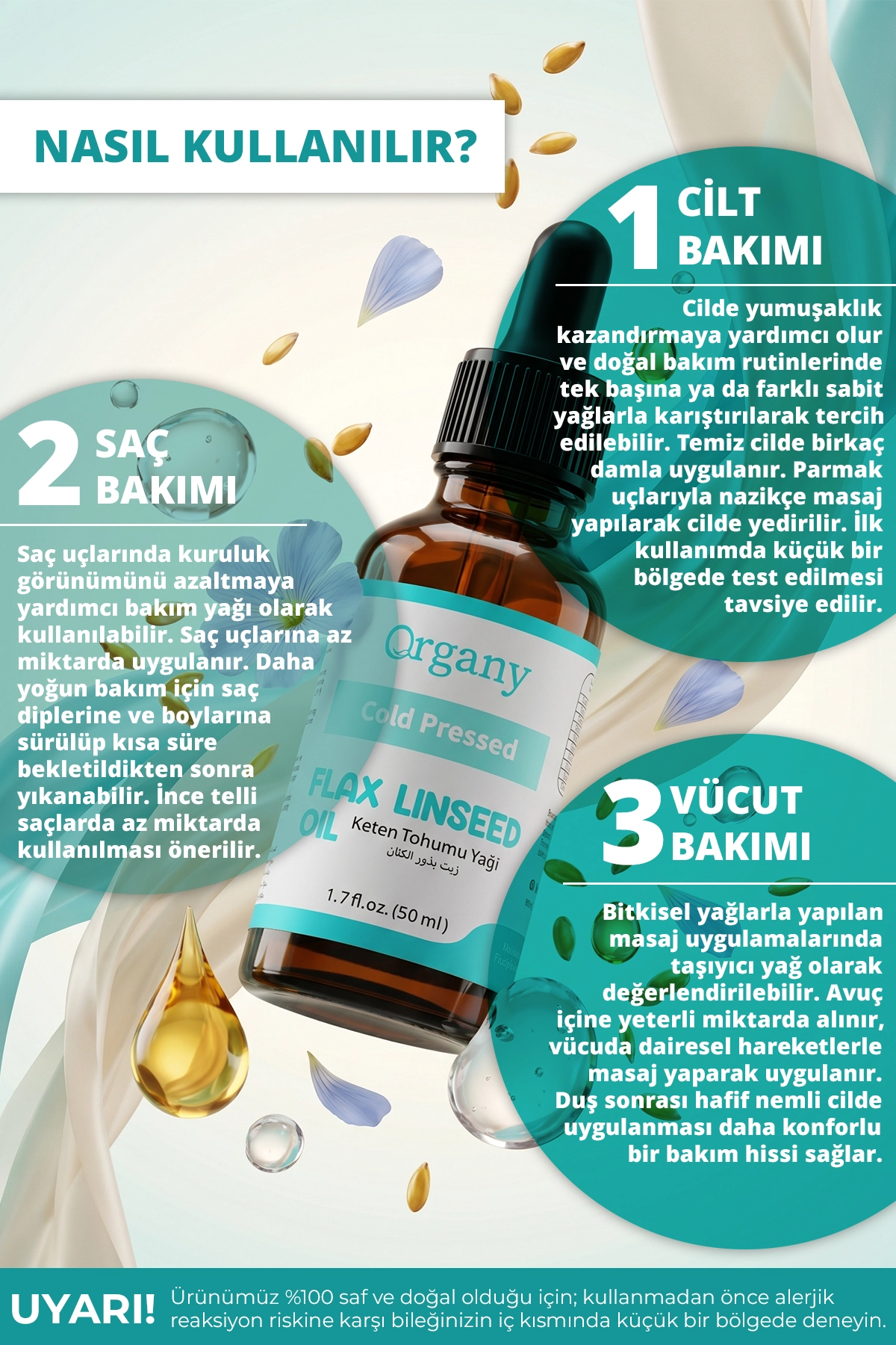 Soğuk Sıkım Keten Tohumu Yağı %100 Doğal Cilt Saç ve Kuru Cilt Bakım Yağı Flaxseed Oil 50 ml - Görsel 2