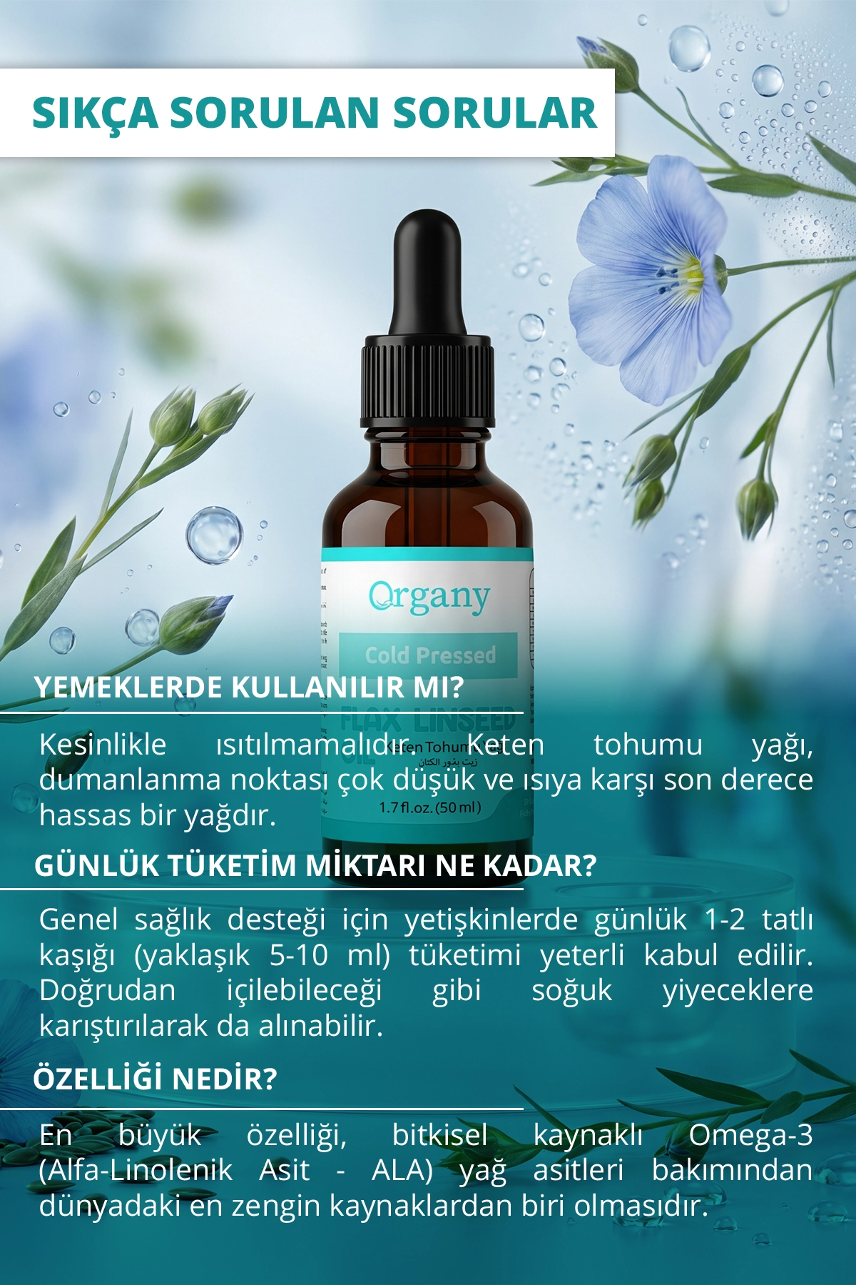 Soğuk Sıkım Keten Tohumu Yağı %100 Doğal Cilt Saç ve Kuru Cilt Bakım Yağı Flaxseed Oil 50 ml - Görsel 3