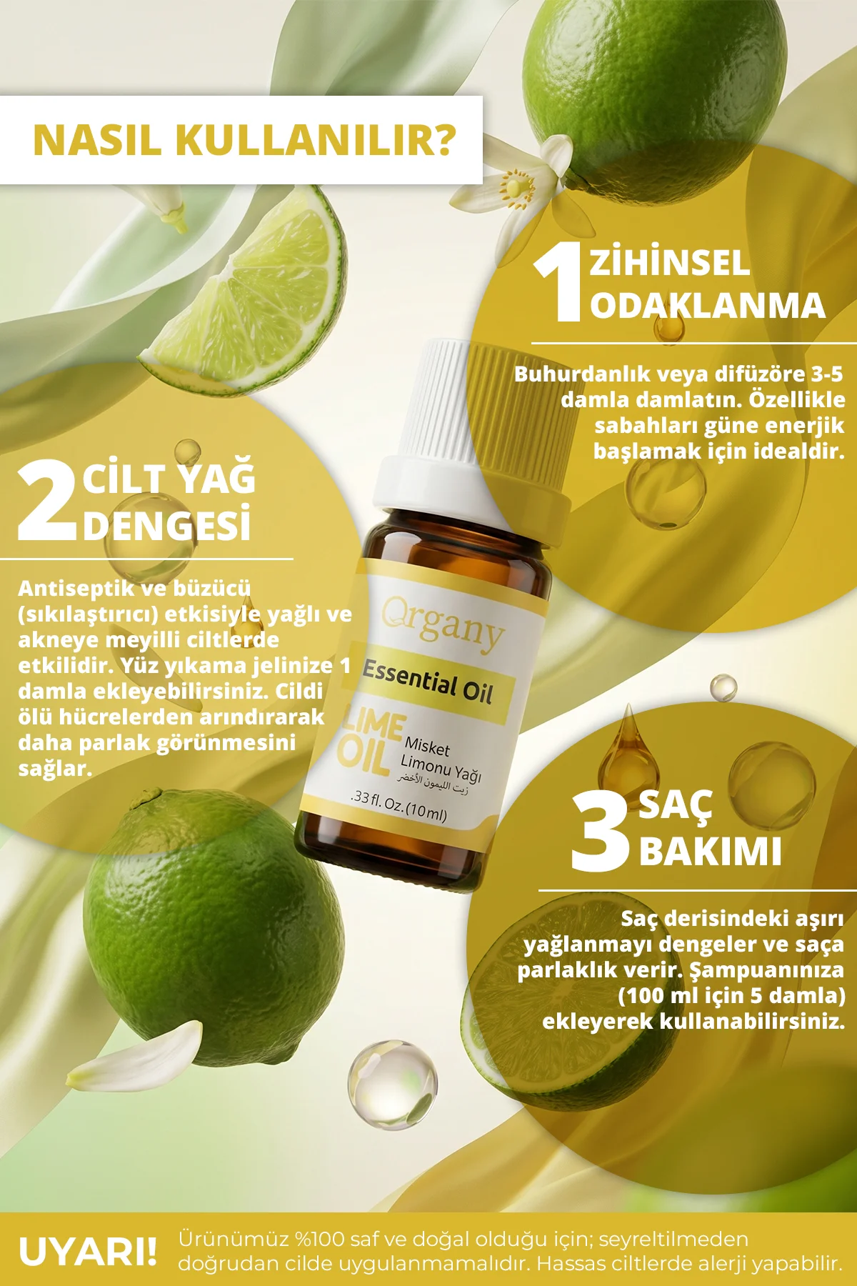 Enerji Verici Misket Limonu Yağı %100 Doğal Ferahlatıcı Turunçgil Aromaterapi Yağı Lime Essential Oil 10 ml - Görsel 3