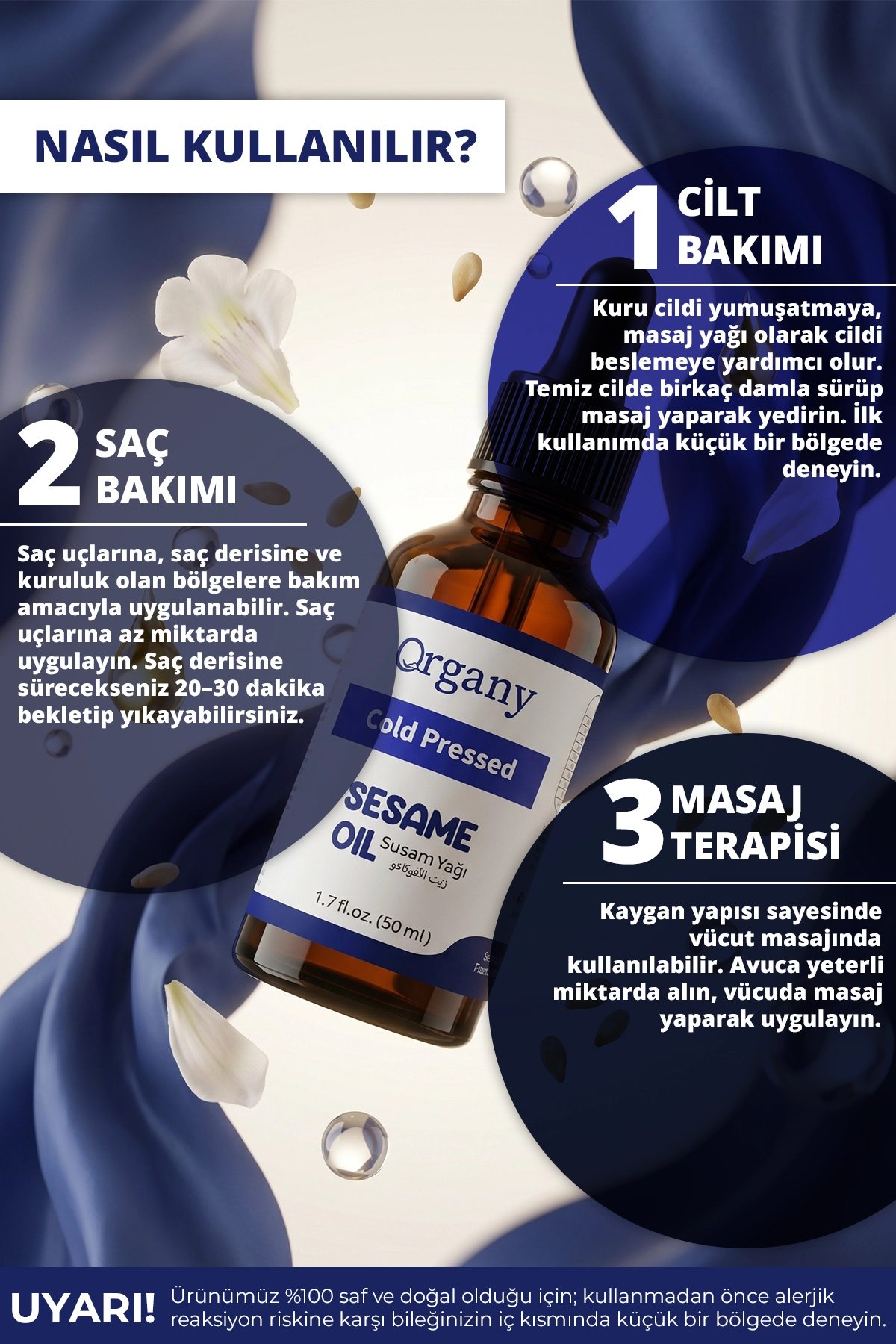Soğuk Sıkım Susam Yağı %100 Doğal Cilt Saç Masaj ve Vücut Bakım Yağı Sesame Seed Oil 50 ml - Görsel 2
