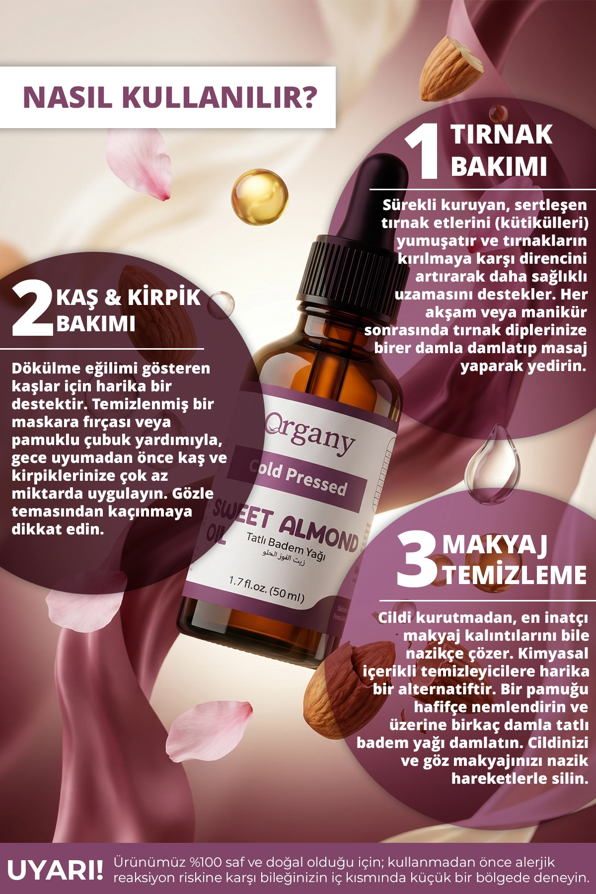 Soğuk Sıkım Tatlı Badem Yağı %100 Doğal Cilt ve Saç Bakım Yağı Sweet Almond Oil 50 ml - Görsel 2