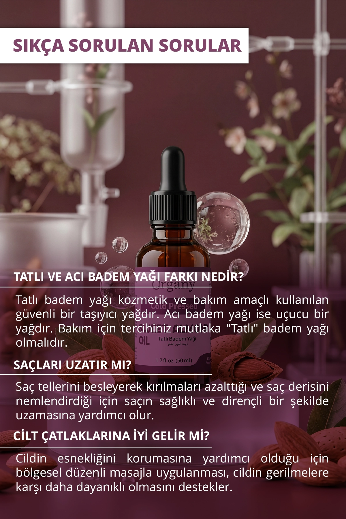 Soğuk Sıkım Tatlı Badem Yağı %100 Doğal Cilt ve Saç Bakım Yağı Sweet Almond Oil 50 ml - Görsel 3
