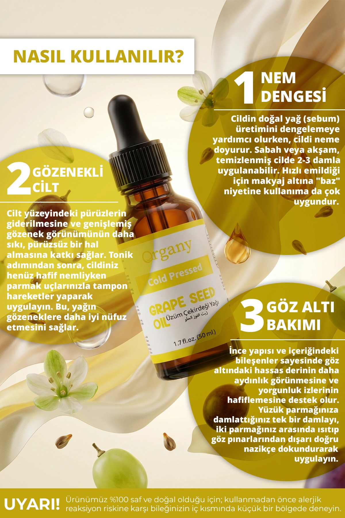 Soğuk Sıkım Üzüm Çekirdeği Yağı %100 Doğal Cilt Saç ve Masaj Bakım Yağı Grape Seed Oil 50 ml - Görsel 2