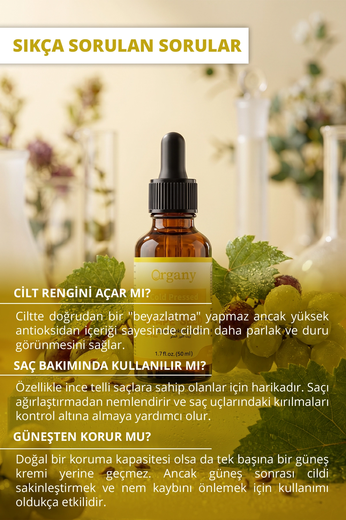 Soğuk Sıkım Üzüm Çekirdeği Yağı %100 Doğal Cilt Saç ve Masaj Bakım Yağı Grape Seed Oil 50 ml - Görsel 3